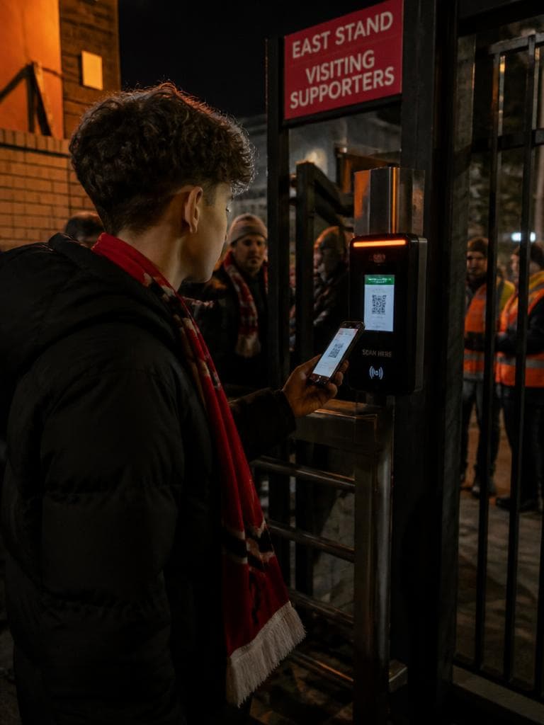 Kibic skanujący kod w telefonie przy wejściu na stadion