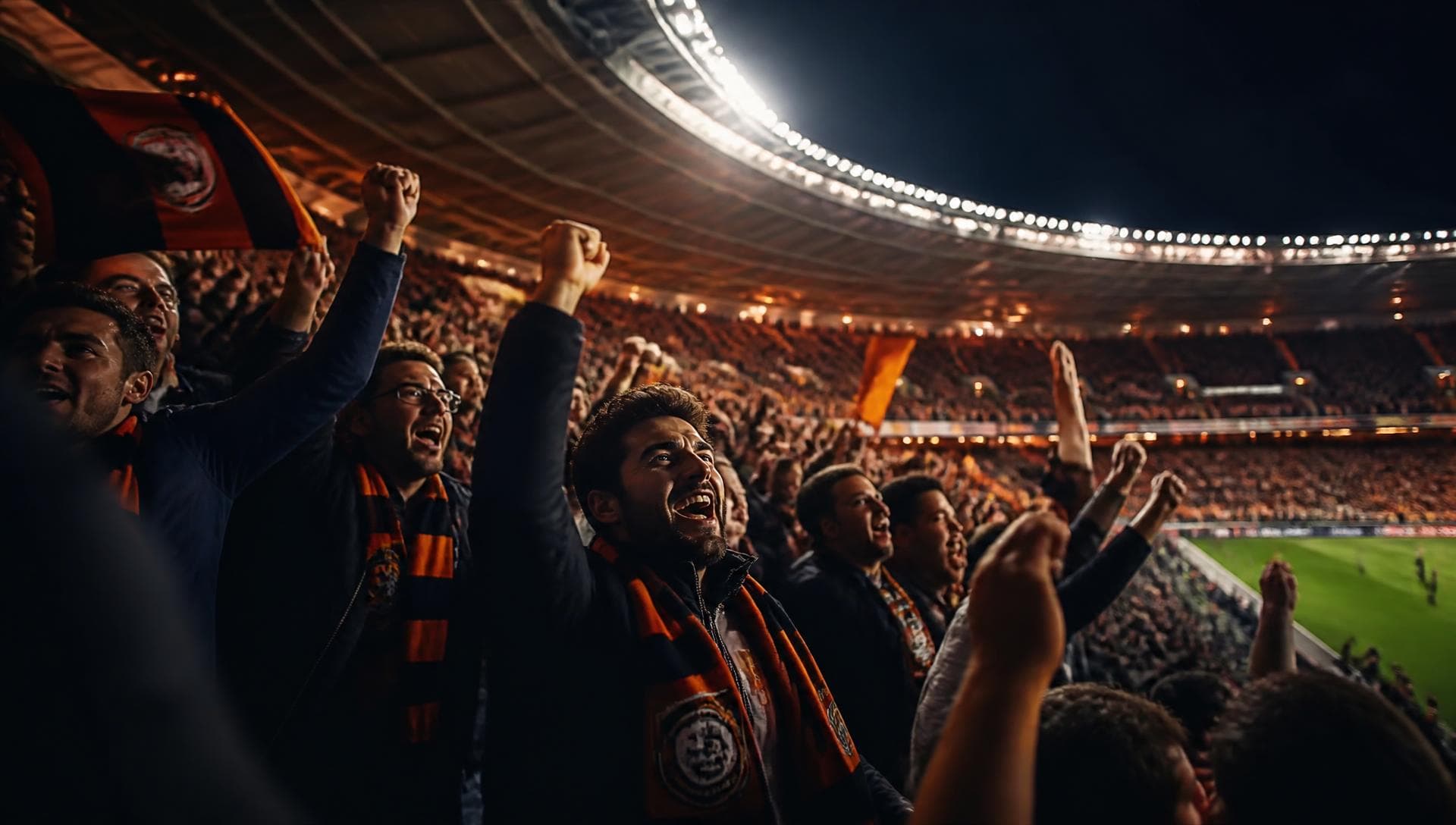 Kibice świętujący na trybunach stadionu nocą